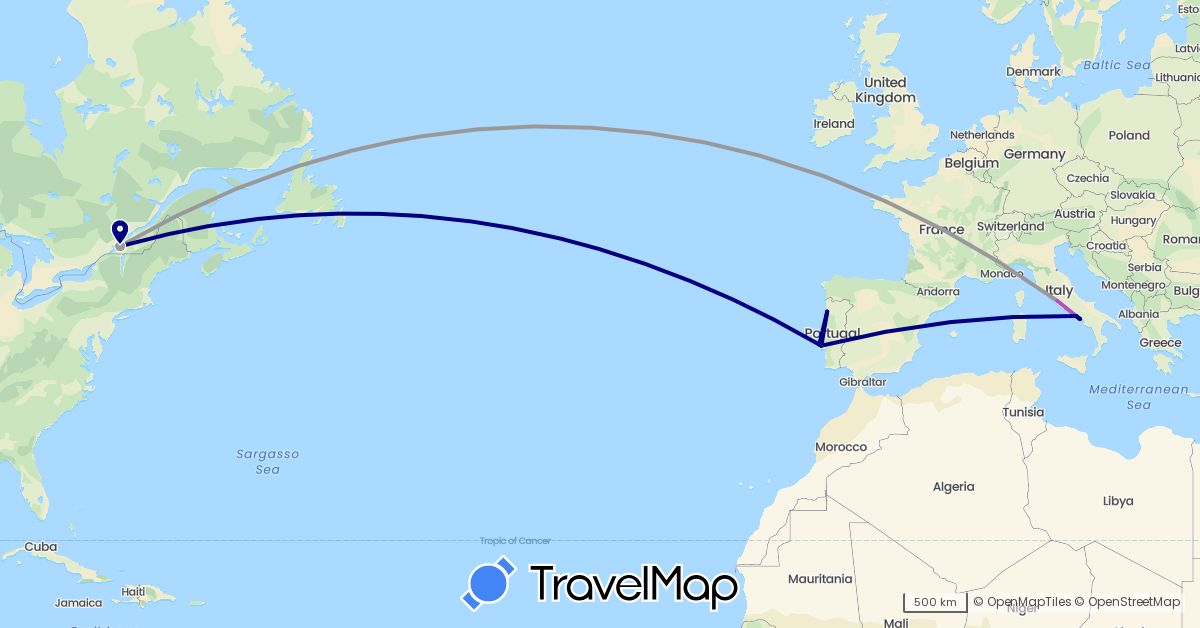 TravelMap itinerary: driving, plane, train in Canada, Italy, Portugal (Europe, North America)
