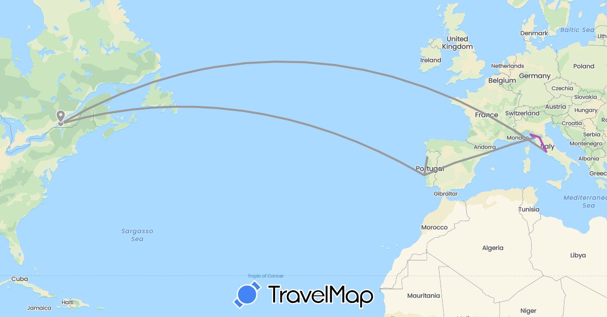 TravelMap itinerary: driving, plane, train in Canada, Spain, Italy, Portugal (Europe, North America)