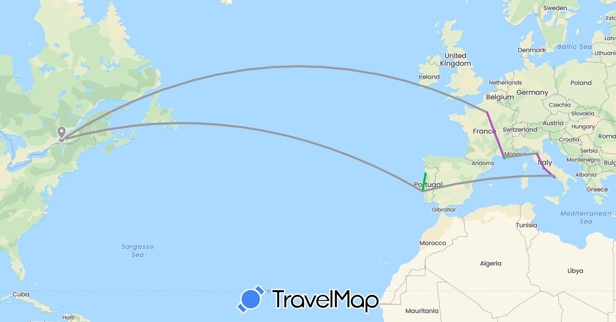 TravelMap itinerary: driving, bus, plane, train in Canada, France, Italy, Portugal (Europe, North America)
